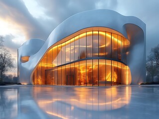 Modern, futuristic house with glass walls and warm interior lighting reflecting on water.