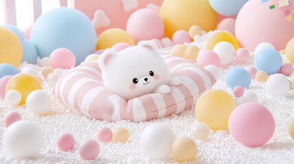 Cute Plush Toy on Soft Cushion Surrounded by Colorful Balls