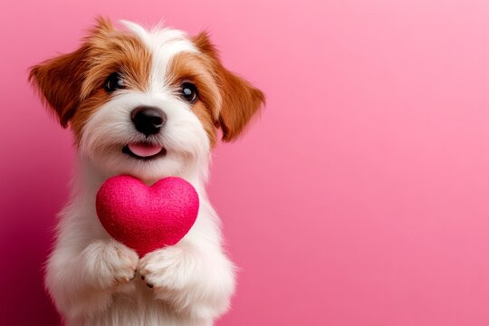 Petit basset griffon vendÃ©en - my cherished dog. Cute petit basset griffon vendÃ©en hound with diamond red heart - emblem of love, funny greeting card. Digital ads creative. Red heart. Pet love.