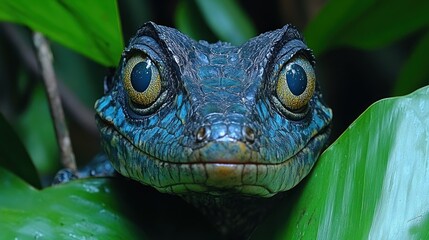 Stunning Close-Up of a Blue-Eyed Lizard in Lush Foliage