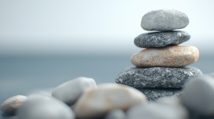 Stacked stones, beach background, zen, balance, serenity, meditation, spa
