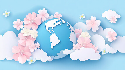 Obraz premium Paper World Map with Clouds and Daisies on Blue Background