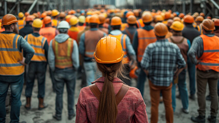 Woman facing construction workers in safety gear.
