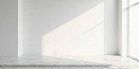 Obraz premium Sunlit Minimalist Interior Corner with White Walls and Marble Floor