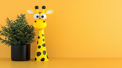 Cute Plastic Giraffe Figure Beside Green Plant on Bright Yellow Background
