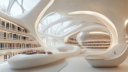Modern Library Design: Exploring Curvilinear Architecture with Bookshelves and Seating