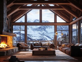 Fototapeta premium A cozy living room with a warm fireplace, rustic wooden beams, and a breathtaking mountain view through large windows, inviting atmosphere
