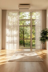 Fototapeta premium Bright airy living room with forest view from window, sunlit carpet. Home design