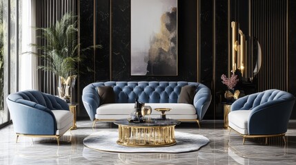 A luxury living room with custom-designed furniture, high-end materials, marble flooring, gold accents, ambient lighting, modern elegance