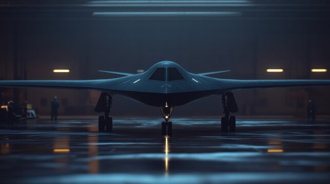A military stealth bomber with an invisible radar signature, sleek black aerodynamic design, cutting-edge technology, photorealistic rendering, cinematic lighting