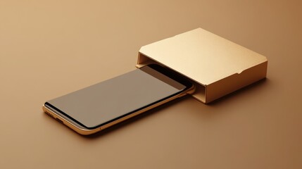 Gold smartphone slides from box, neutral background, product presentation