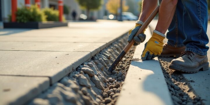 A construction worker meticulously uses a hand tool to compact gravel into a newly formed trench during outdoor paving project