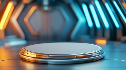 A sleek, futuristic platform illuminated by vibrant orange and blue lights, set against a high-tech, geometric background.