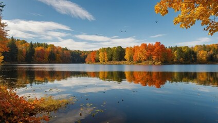 A peaceful autumn landscape with vibrant orange and yellow leaves, a calm lake reflecting the colorful trees