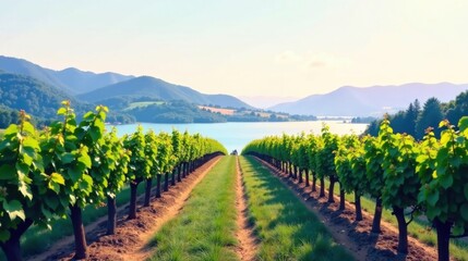 Fototapeta premium Serene Vineyard Rows Leading to a Tranquil Lake in a Picturesque Mountain Valley