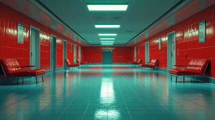 Red Hallway With Teal Floor And Red Chairs