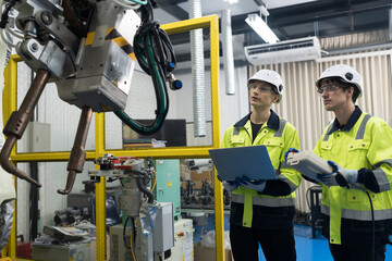 Two male engineer control automatic robotic hand machine in building room workshop. Male technician...