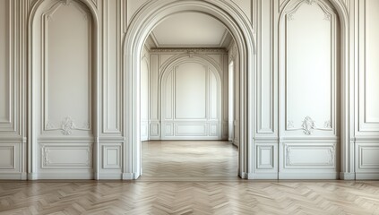 Elegant Archways and Herringbone Floors:  A Luxurious Interior Design Showcase,  Captivating Architectural Details in a Classic Setting.