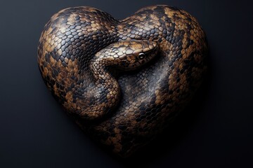 Obraz premium A curled snake forms a heart shape on dark background