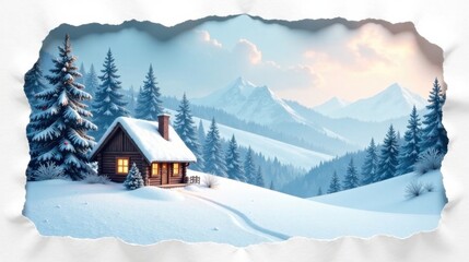 Fototapeta premium A Cozy Cabin Nestled Amidst a Snowy Mountain Range, Viewed Through a Torn Piece of Paper Revealing a Serene Winter Wonderland