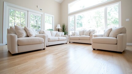 Fototapeta premium Bright living room with hardwood floors, sofas, and large windows showing a garden. Home interior design