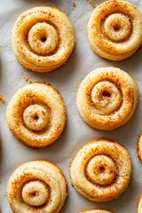 Fototapeta premium Fresh pastries with cinnamon topping on a light parchment paper, for afternoon tea