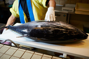 Fresh whole tuna on a cutting board