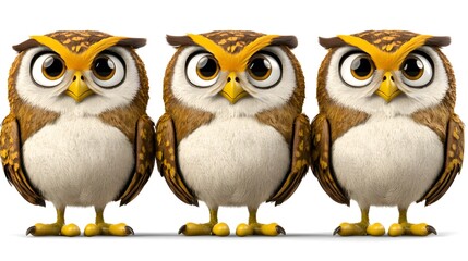 Fototapeta premium Cute cartoon owls standing in a row with bright eyes and feathers