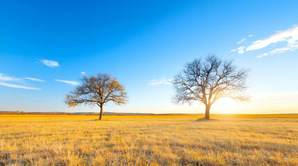Fototapeta premium Autumn sunset, two trees in field, calm landscape, nature scene