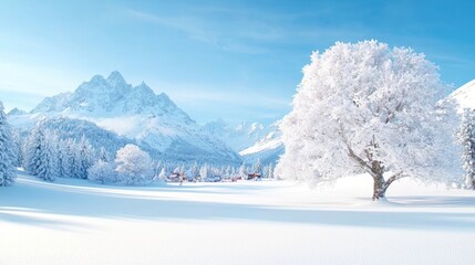 Snowy mountain valley winter landscape, village, postcard