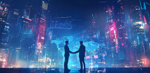 A digital illustration of business people standing in front of the Earth, with lines connecting them to other figures around the globe. 