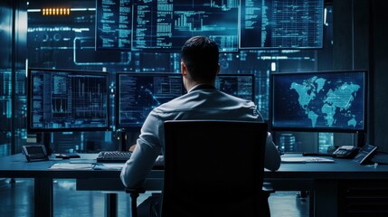 A cybersecurity analyst investigating a cyber attack in a security operations center, with monitors and security protocols, Cybersecurity investigation scene