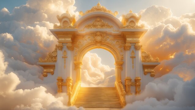Ornate Golden Archway with Stairway Ascending Through Soft Clouds