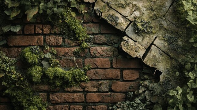 Overgrown brick wall with vibrant moss and ivy, showcasing nature's resilience