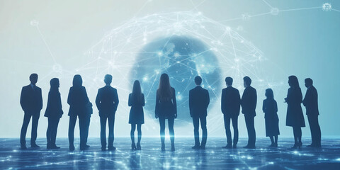 A digital illustration of business people standing in front of the Earth, with lines connecting them to other figures around the globe. 
