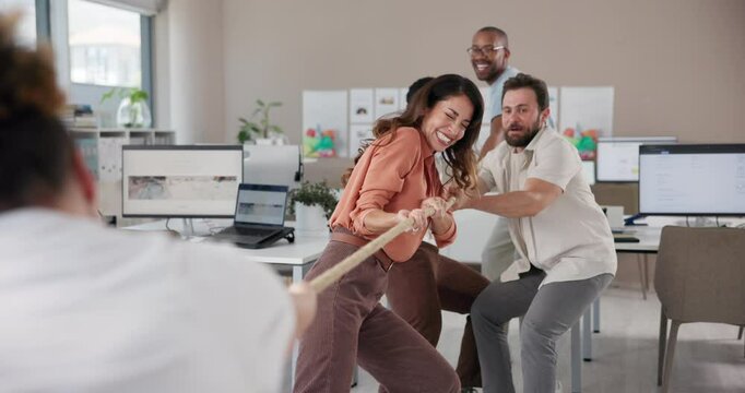 Happy people, rope or team building with game for competition, activity or challenge at office. Diversity, collaboration or communication with string for fun battle, company contest or tug of war