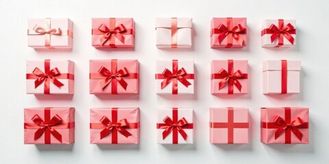 Obraz premium A Festive Arrangement of Gift Boxes with Red and Pink Ribbons on a White Background