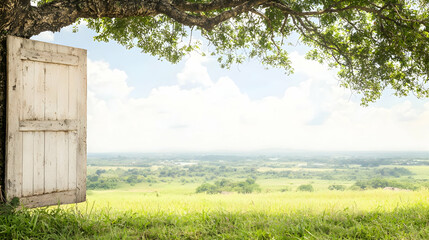 Open door reveals scenic countryside vista; idyllic tranquil scene