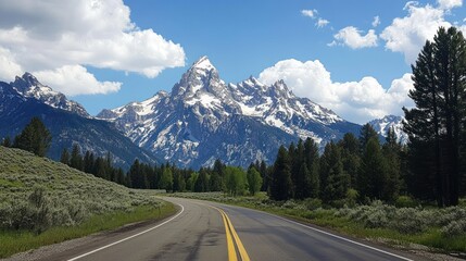 Naklejka premium Scenic Route, Grand Teton Mountain View along Highway in Summer Day