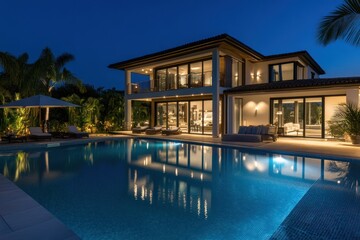 Fototapeta premium Night view luxury villa, pool, tropical garden. Real estate listing