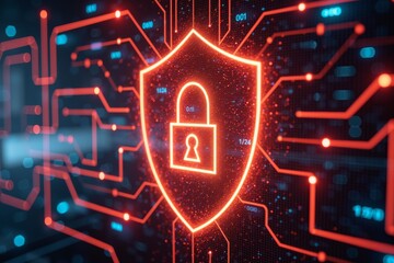 a digital interface with a prominent security shield icon in the center. The shield is outlined in bright neon