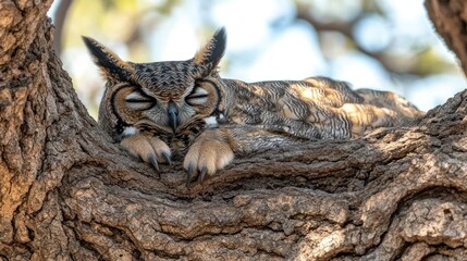 Fototapeta premium Serene Slumber: Great Horned Owl Resting on a Majestic Tree Branch