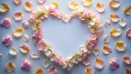 Obraz premium Romantic Pastel Pink Peach Rose Petals in a Heart Shape Arround Blank White Paper on a Clean Surface for Wedding or Love Themed Event Styling Wallpaper Background Idea Inspiration