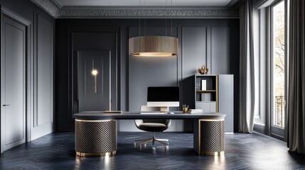 Luxury home office, dark gray walls, parquet floor, city view