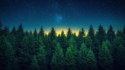 Coniferous forest under starry night sky at dawn
