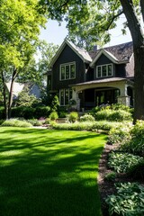 Suburban Home Exterior with Landscaped Yard. Lush Greenery and Trees Backdrop