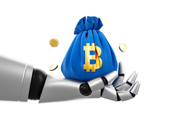 Naklejka premium Metallic robot hand holding a blue bag with a golden bitcoin symbol, surrounded by gold coins, isolated on a white background. Concept of secure crypto storage. 3D Rendering.