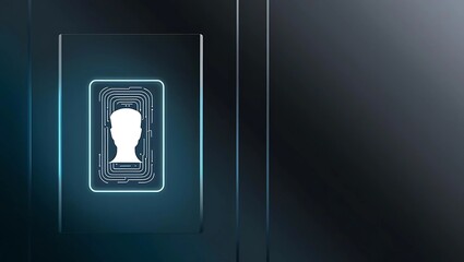 Minimalist biometric UI with glowing personal identification grid and user silhouette, dark gradient background, futuristic and professional vibe  
