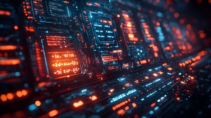 Obraz premium Futuristic digital interface, data streams, server room background, tech concept