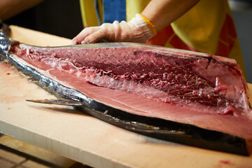 Fresh tuna sashimi on a cutting board